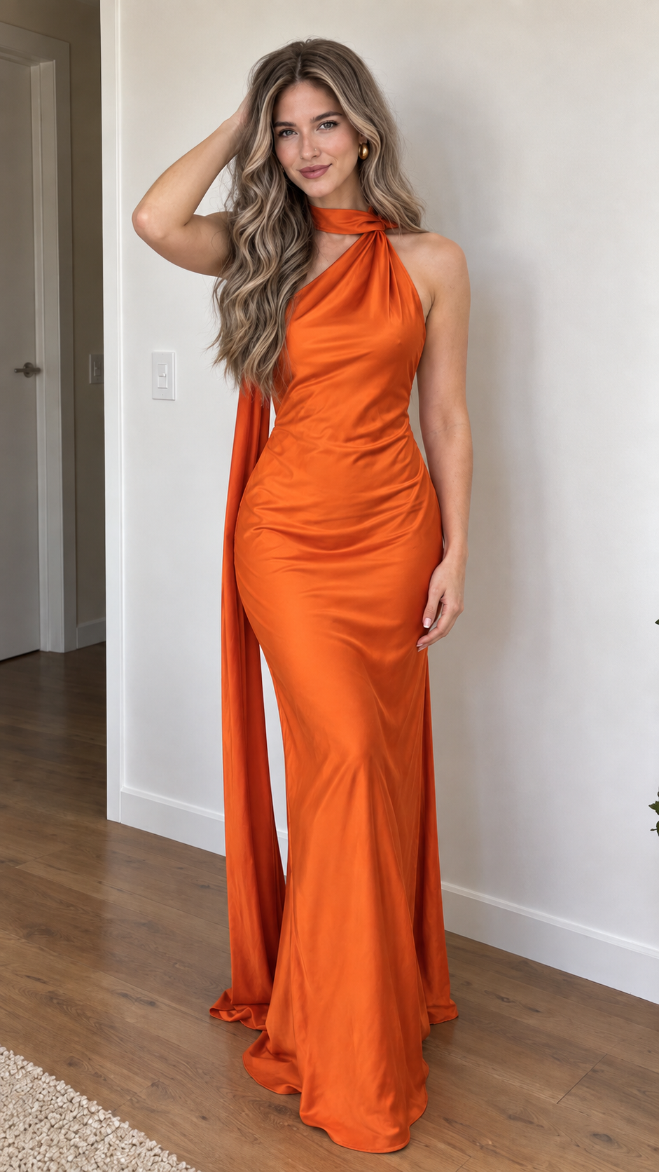 Eloriane Marlowe Satin Scarf Halter Maxi Dress