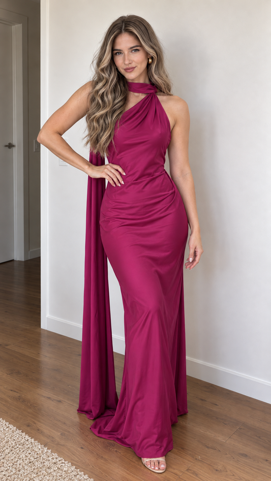 Eloriane Marlowe Satin Scarf Halter Maxi Dress